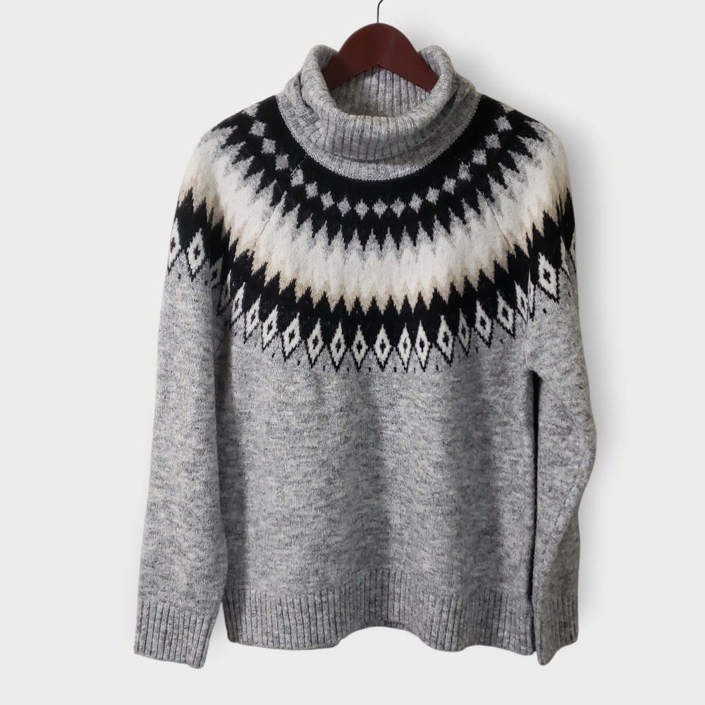 Aspen Fair Isle Wool Blend Turtleneck Sweater Nordic Grey Black Sz XL Cabincore